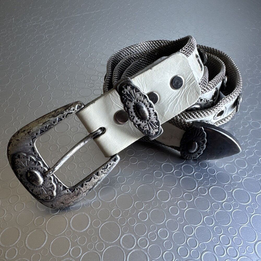 Vintage Boho Western Mesh Chain Concho Belt White Leather Inlay Ornate Y2K